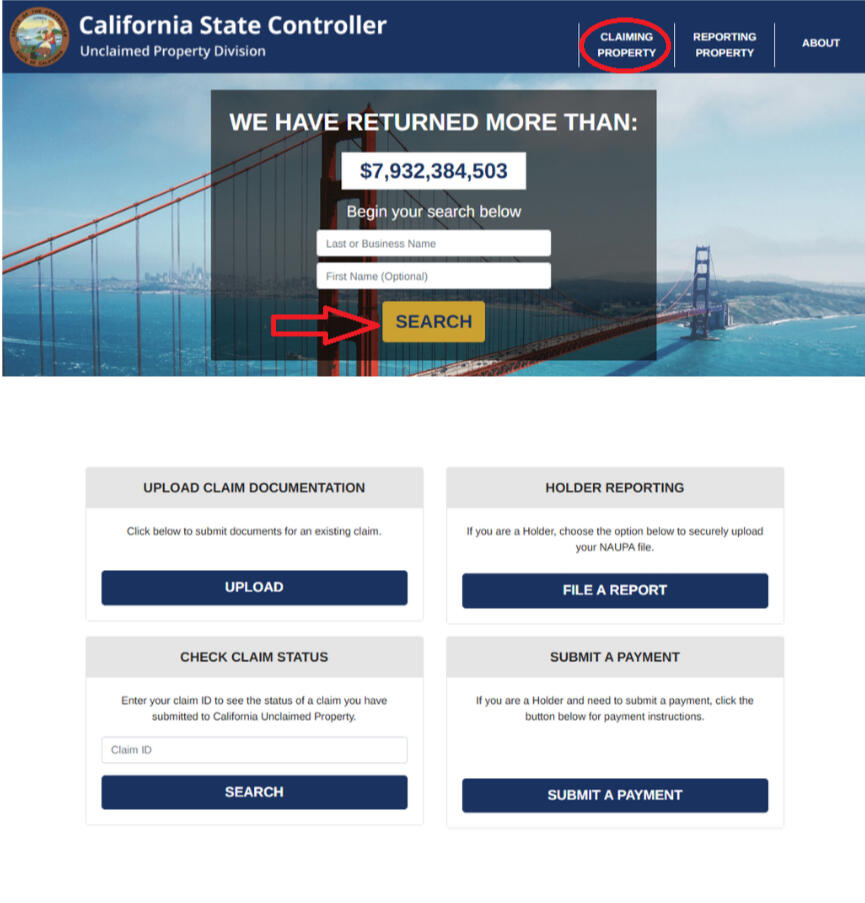 California State Controller's Office Website, Unclaimed Property Division